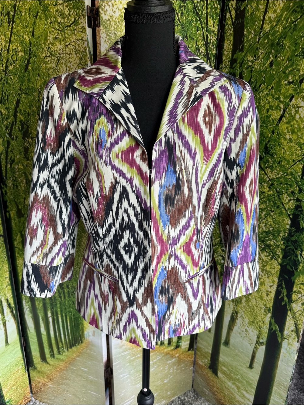 Lafayette 148 New York Ikat Print Hook Front Jacket Blazer Size 8 Career Luxury
